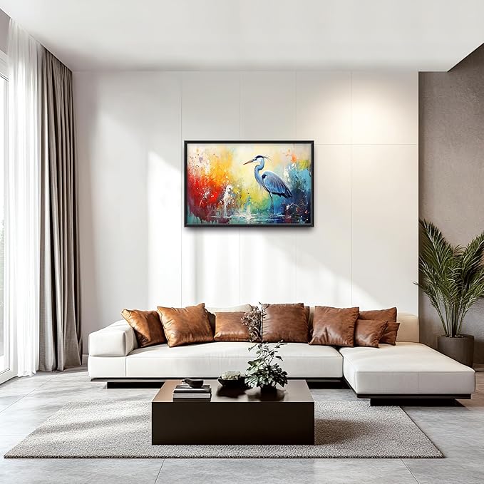 Extra Large Framed Abstract Heron Wall Art,Oversized Colorful Graffiti Heron Wall Decor Pictures for Living Room,Canvas Print Painting Modern Artwork Bedroom Office Bathroom Home Decor 36L x 24W-PawvioPets