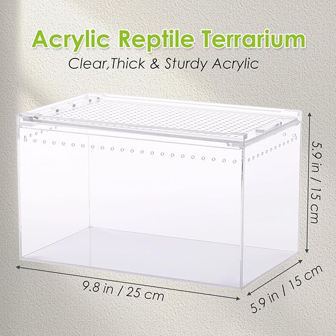Acrylic Reptile Terrarium Enclosure 9.8" x 5.9" x 5.9" Magnetic Tarantula Breeding Box Transparent Insect Habitat for Jumping Spider Hermit Crab Lizard Sling Isopods Horned Frog Snake Gecko-PawvioPets
