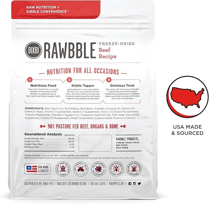 BIXBI Rawbble Freeze Dried Dog Food, Beef Recipe, 26 oz - 98% Meat and Organs, No Fillers - Pantry-Friendly Raw Dog Food for Meal, Treat or Food Topper - USA Made in Small Batches-PawvioPets