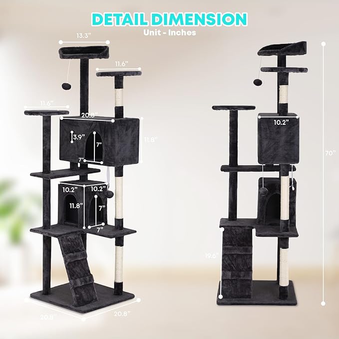 FDW Cat Tree 70in Cat Tower Multi-Level Durable Cat Scratching Post & Cozy Fun Cat Jumping Platform Space Saving Cat Condo Pet Play House for Indoor Cats,Dark Gray-PawvioPets