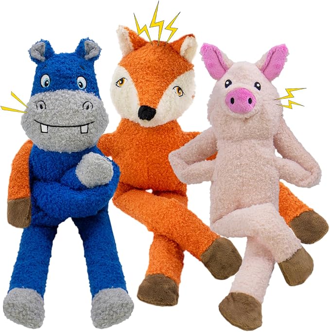 3 Pack No Stuffing Crinkle Squeaky Interactive Plush Dog Toys for Aggressive Chewers to Keep Puppy Busy for Boredom Small & Medium Breeds Furry Friend Teething Orange Fox Pink Pig Blue Hippo-PawvioPets