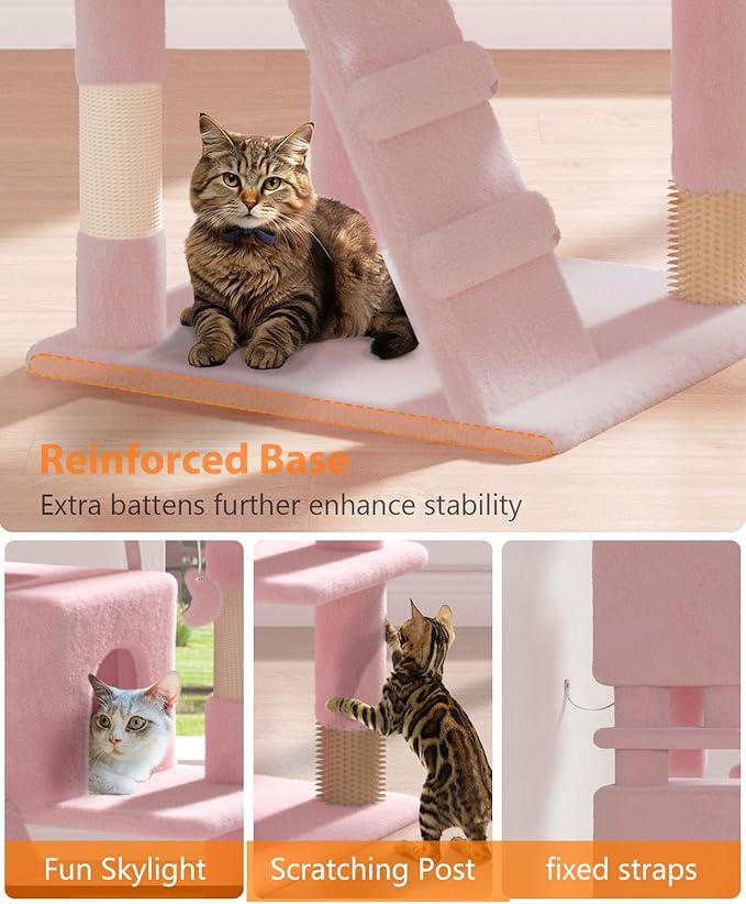 70'' Cat Tree Tower for Indoor Cats Large Adult,Cute/Tall Modern Cat Tree for Big Cats 20 lbs,Plush Multi-Level Cat Condo with Scratching Posts,Dangling Ball for Fun Play(Soft Pink, 70 inch)-PawvioPets
