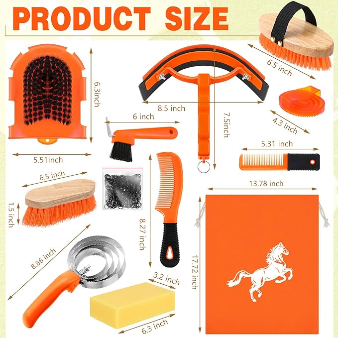 Abbylike 12 Pieces Horse Grooming Kit Racing Festival Tack Room Supplies Horse Brush Sets Equine Care Cleaning Kit Shedding Grooming Massaging Tools(Orange)-PawvioPets