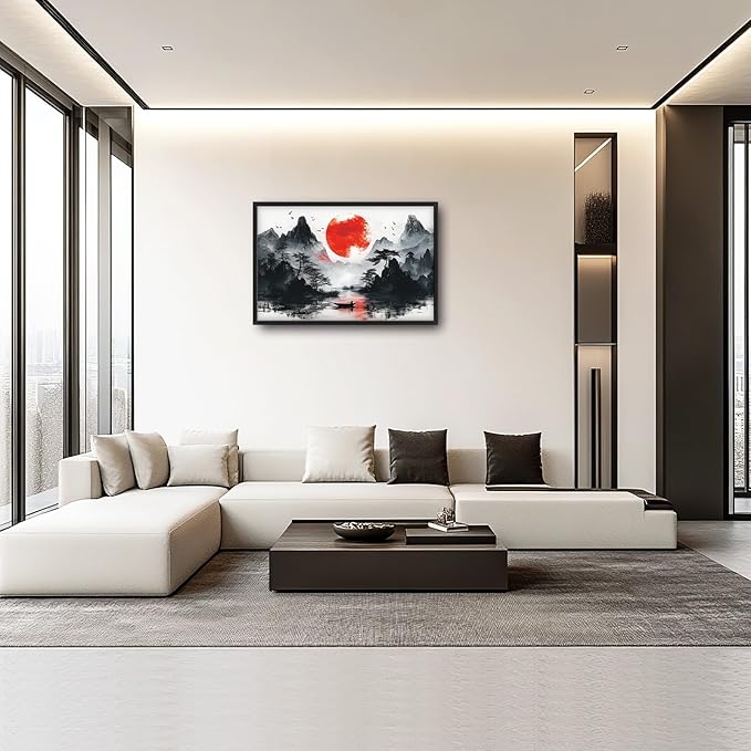 Framed Large Japanese Mountain Wall Art for Living Room, Oversized Asian Red Sun Lake Landscape Wall Decor Nature Canvas Painting Home Decoration for Living Room Bedroom Office 36"x24"-PawvioPets