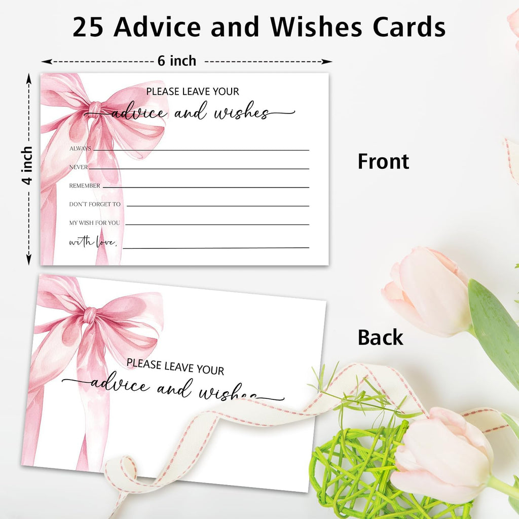 Pink Bow Advice and Wishes Card, Advice Cards for The Bride and Groom, Bridal Shower,Wedding or Baby Shower, Birthday, Graduation, Retirement, Guestbook - 25 Cards -12