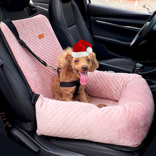 Dog Car Seat for Small Medium Dogs Up to 40lbs, Detachable Washable Soft Pet Booster Travel Bed for Front & Pink Seat with Safety Leash Belt-PawvioPets