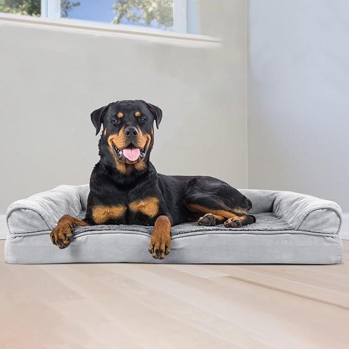 Furhaven Orthopedic Dog Bed for Large Dogs w/ Removable Bolsters & Washable Cover, For Dogs Up to 95 lbs - Plush & Suede Sofa - Gray, Jumbo/XL-PawvioPets