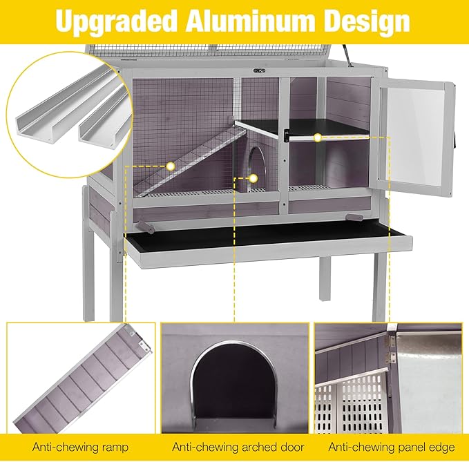 Aivituvin Wooden Guinea Pig Cages Indoor with Removable Stand, Anti Chewing Rabbit Hutch with Ramp and Wire Mesh, 2 Story Small Animals House Habitat with Pull Out Tray (Gray&Purple)-PawvioPets