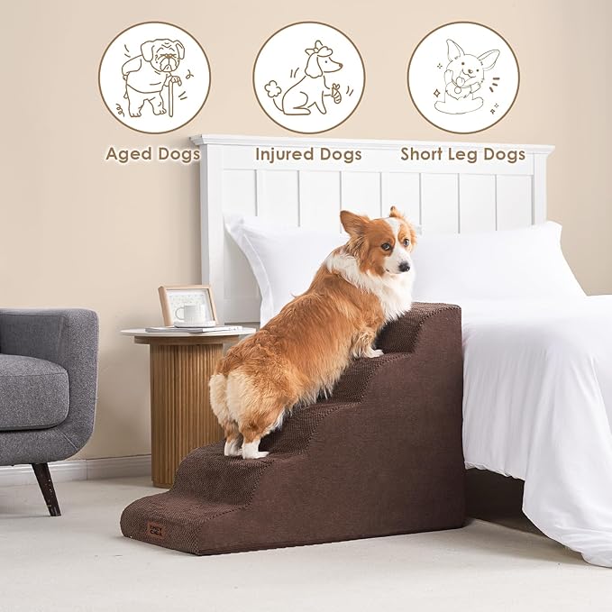 EHEYCIGA Curved Dog Stairs Ramp for High Beds, 5-Step Extra Wide Dog Steps for Small Dogs and Cats, Pet Stairs for High Bed Climbing, Non-Slip Balanced Pet Step Indoor, Brown-PawvioPets
