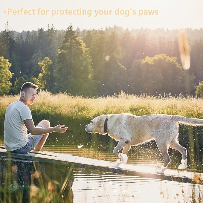 Dog Shoes, Dog Sandals for Hot Pavement, Non-Slip Waterproof Dog Booties for Winter Snowy Day and Summer, Adjustable Straps Easy-Clean Beach Outdoor Pet Boots Rugged Sole-4Pcs Beige-PawvioPets