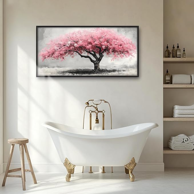 Extra Large Framed Pink Tree Wall Art,Abstract Tree of Life Wall Decor,Pink and Grey Pictures for Living Room,Canvas Print Painting Modern Artwork Bedroom Office Bathroom Home Decor 60L x30W-PawvioPets
