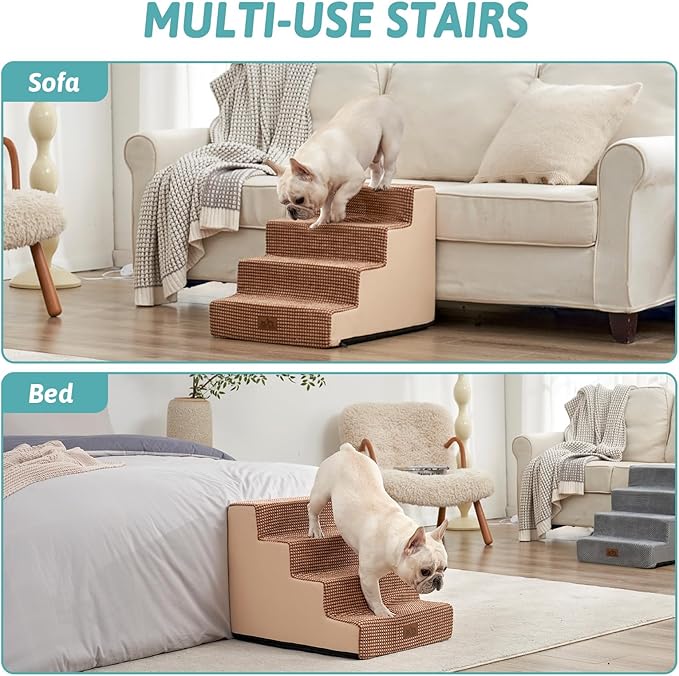 Dog Stairs for Small Dogs, 4 Tier Wider Pet Stairs for Couch and Beds, 17.7" H Non-Slip Dog Steps for Old Cats, Puppy, Small Medium Dogs, 17.7x23.6x17.7 inch, Light Brown-PawvioPets