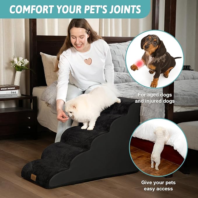 Dog Stairs for High Bed 22.6" H, Small Dog Step for Puppy, Older or Cat, Curved Ramp for Car, Ladder with High Density Foam, Lightweight, Durable, 15.7x33x22.6 inch, 5 Step, Black-PawvioPets