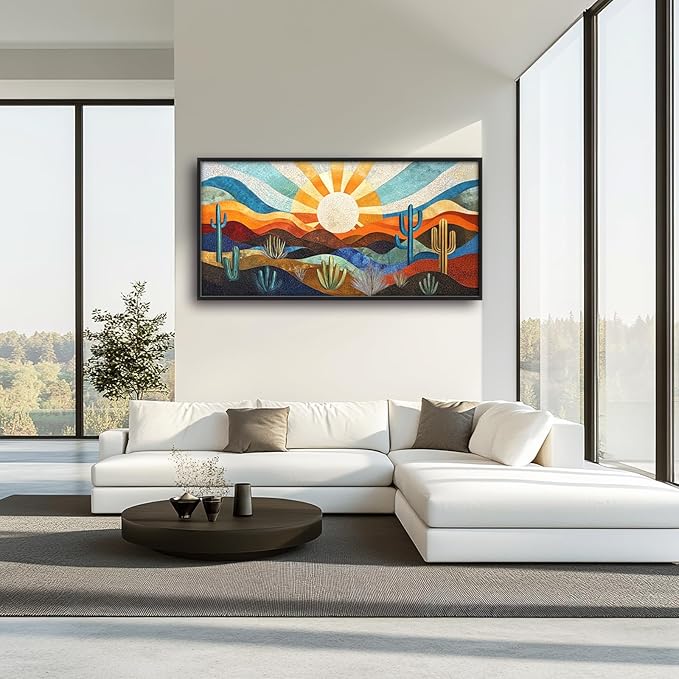 Extra Large Framed Abstract Boho Desert Wall Art, Sun Cactus Landscape Wall Decor Pictures for Living Room,Cacti Canvas Print Painting Modern Artwork Bedroom Office Bathroom Home Decor 60L x 30W-PawvioPets