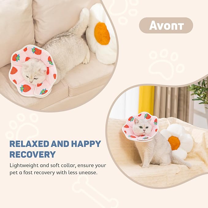 Avont Soft Cat Recovery Cone Collar, Adjustable Lightweight Kitten E-Collar for Small Dogs, Comfortable Neck Donut Stop Licking Scratching After Surgery -Strawberry(L)-PawvioPets