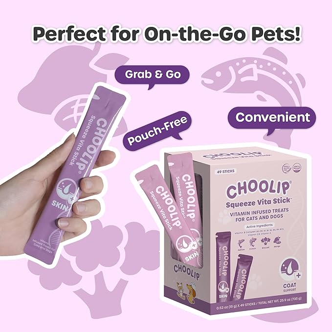 Grab & Go Squeeze Vita Stick Lickable Treats for Dogs & Cats. 49 Coat Support Sticks with Essential multivitamins. Soft and Tasty Paste for All Life Stages, Supporting Coat Health-PawvioPets