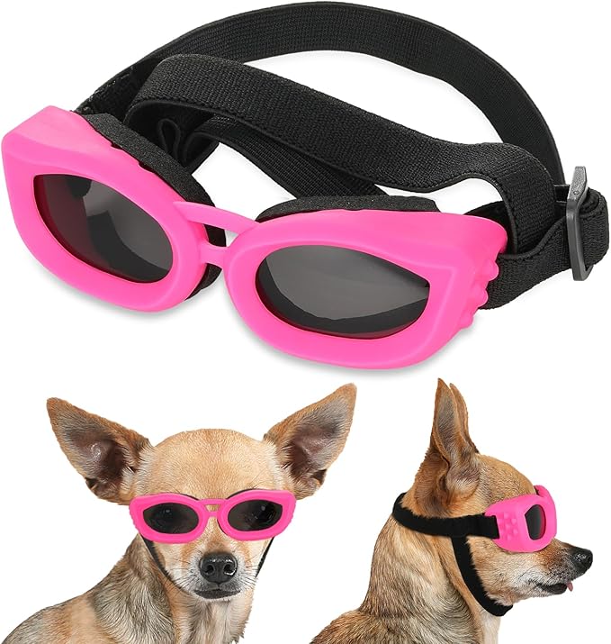 Dog Sunglasses Small Breed, Small Dog Goggles with Adjustable Straps, UV/Wind/Dust/Fog Proof Dog Eye Protection Sunglasses for Outdoor Car Driving Riding, Pink-PawvioPets