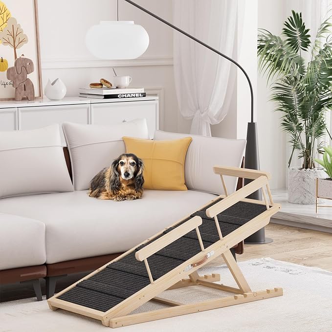 Dog Ramp for High Bed, Couch, Car, Pet Ramps 55.12" Long Adjustable 19.7"-27.6" Wooden Dog Step with High Traction Mat & Safety Side Rails for Small Medium Large Older Pets, up to 250 lbs-PawvioPets