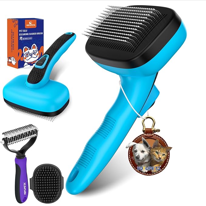 Dog Brush Kit - Self-Cleaning Slicker Brush with Bath Brush & Undercoat Rake | Deshedding Tools for Large - Small Dogs & Cats, Professional 3-in-1 Pet Grooming Set for Heavy Shedding, Blue-PawvioPets
