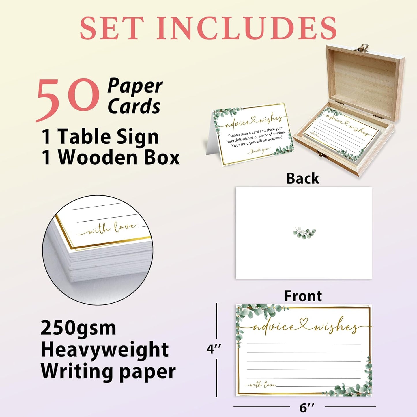 Advice and Wishes Cards Box, 50 Pcs Birthday Wedding Baby Shower Advice Cards, Well Wishes Box for Birthday Party Graduation Bridal Shower Retirement Party, Anniversary(Eucalyptus) -A06