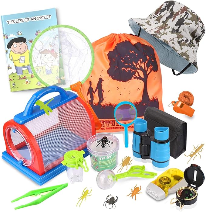 ESSENSON Outdoor Explorer Kit & Bug Catcher Kit with Binoculars, Compass, Magnifying Glass, Critter Case and Butterfly Net Great Toys Kids Gift for Boys & Girls Age 3-12 Year Old Camping Hiking-PawvioPets