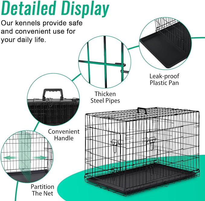 FDW Dog Crate for Large Dogs 42 Inch Folding Metal WirePet Cage Double Door W/Divider Panel Indoor Outdoor Kennel Leak-Proof Plastic Tray,Black-PawvioPets