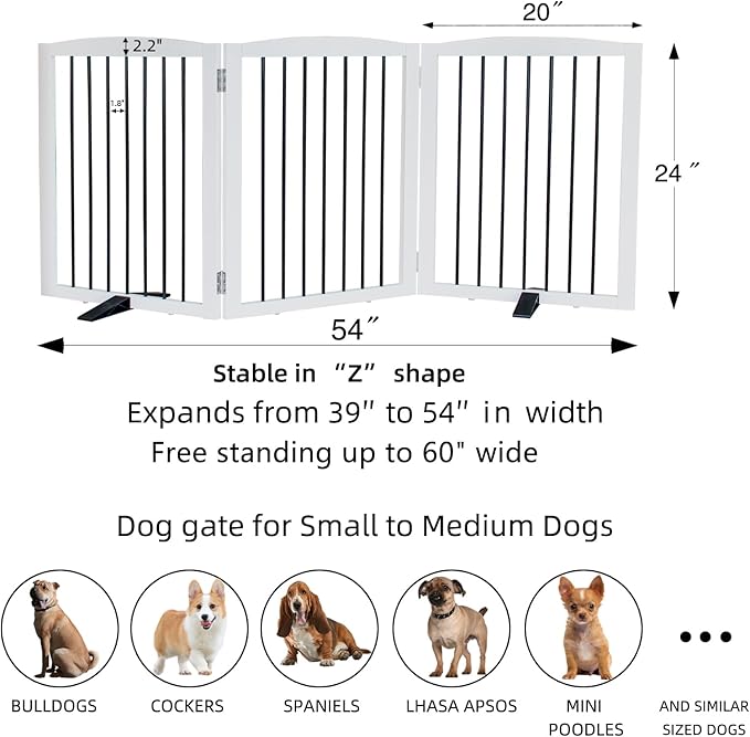 Freestanding Panel Dog Gate for Indoor Doorways, Stairs, or Hallways - Foldable Wooden Pet Gate, 24" Height - 3 Panels, White-PawvioPets