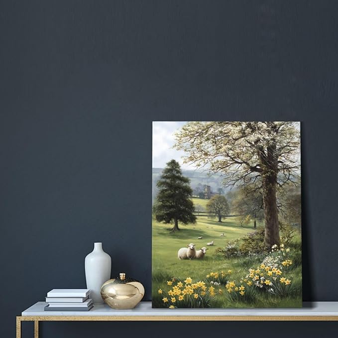 Country Sheep Canvas Wall Decor Farmhouse Rustic Lamb Wildflower Wall Art Nature Countryside Landscape Pictures Painting Print Framed Artwork Decorations for Bathroom Living Room Bedroom 16"x20"-PawvioPets