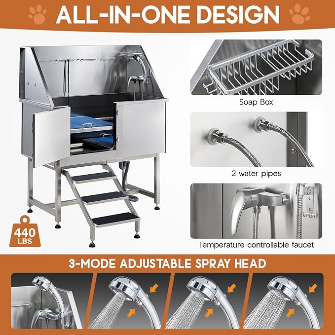 Albott 50-Inch Stainless Steel Dog Washing Station with Anti-Slip Steps, Sprayer, Faucet, and Soap Box – Professional Pet Bathtub for Medium/Small Pets, Ideal for Home, Garage, and Grooming(Left)-PawvioPets