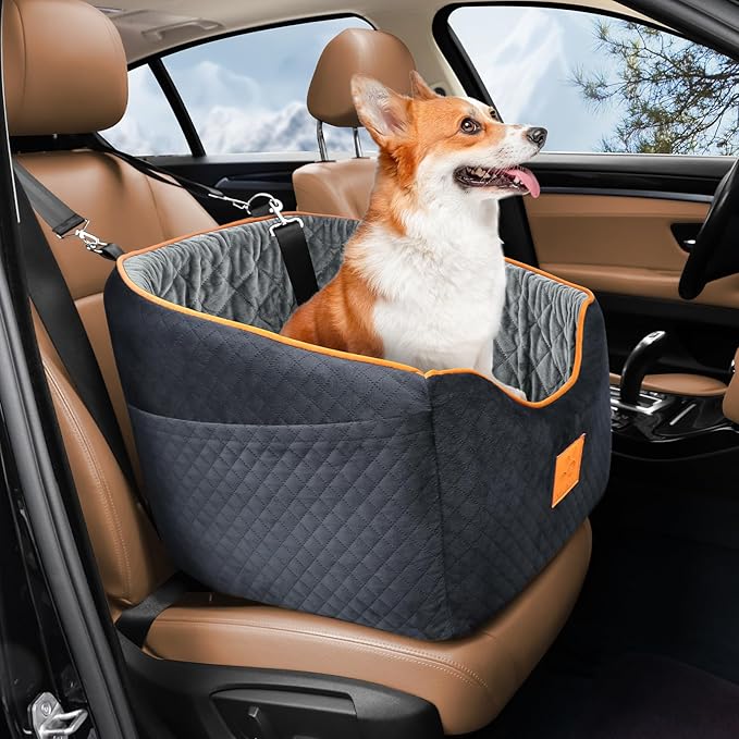 Dog Car Seat for Small Dogs, Memory Foam Booster Dog Seat for Dogs up to 35 lbs, Elevated Pet Car Seat with Washable Removable Cover, Storage Pockets(Black/Gray)-PawvioPets
