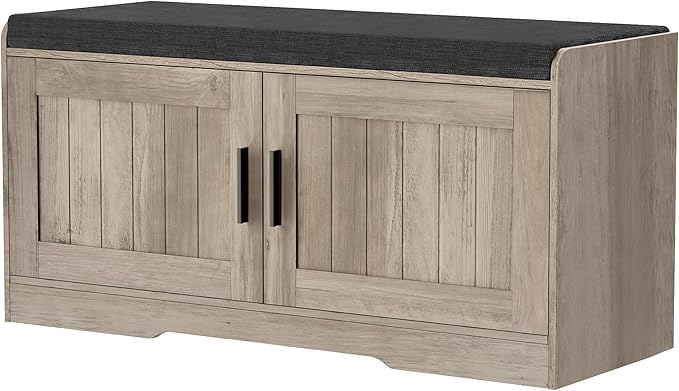 2-Tier Storage Bench, Shoe Bench with Thickened Padded Seat Cushion, Entryway Bench with 2 Doors, Adjustable Shelf, 13.8" D x 37.4" W x 18.5" H, for Entryway, Living Room, Bedroom, Greige-PawvioPets