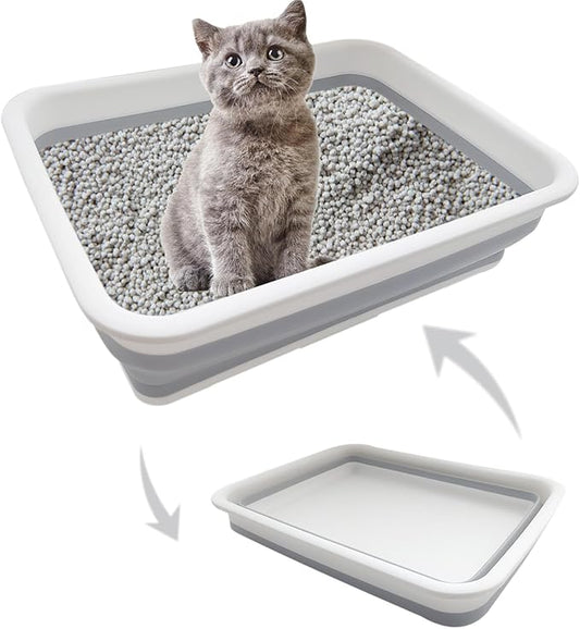 Collapsible Small Cat Litter Box, 14.6 x 10.6 x 4.8 inch Open Waterproof Low Entry Kitten Potty Pan Semi-Enclosed Pet Toilet for Sick Frail Kitty Grey-PawvioPets