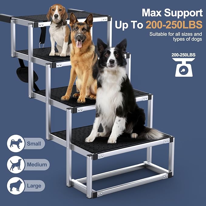 Extra Wide Dog Stairs for Large Dogs, Foldable Dog Ramp for Car with Non-Slip Surface, Dogs Stairs for Cars, High Beds, Truck, Supports up to 250 lbs, 4 Steps-PawvioPets