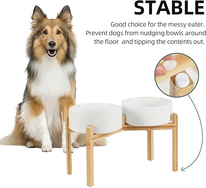 Ceramic Raised Double Bowls Set with Stand, Food & Water Bowls for Large Breed Dogs, Weighted Dog Dishes, Pet Bowl(8.2'',60OZ, White)-PawvioPets