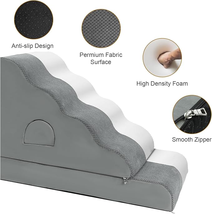 Dog Stairs for Small Dogs 24.6" H, 5-Step Dog Steps for High Bed, High-Density Foam Curved Pet Stairs with Non-Slip Removable Washable Cover to Get on Bed-PawvioPets