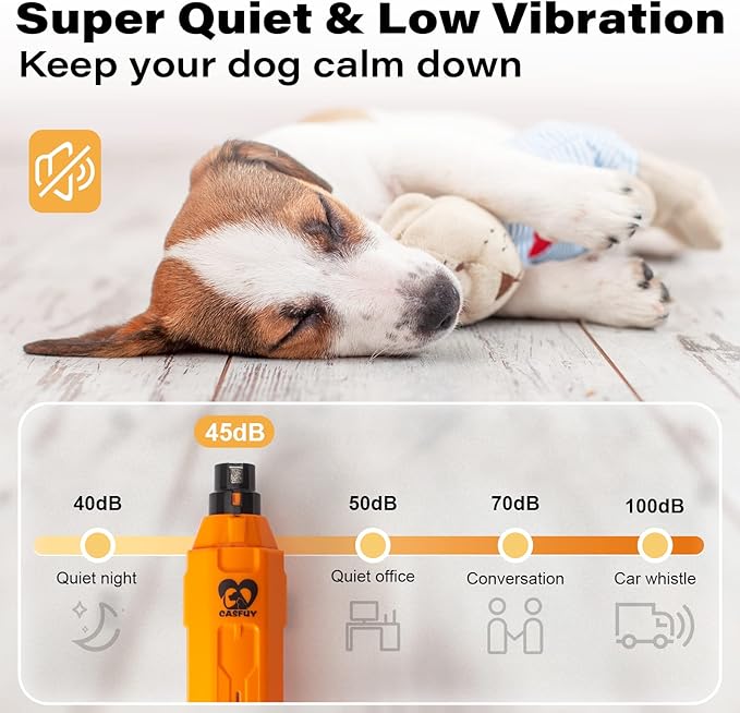 Casfuy 6-Speed Dog Nail Grinder - Newest Enhanced Pet Nail Grinder Super Quiet Rechargeable Electric Dog Nail Trimmer Painless Paws Grooming & Smoothing Tool for Large Medium Small Dogs (Orange)-PawvioPets