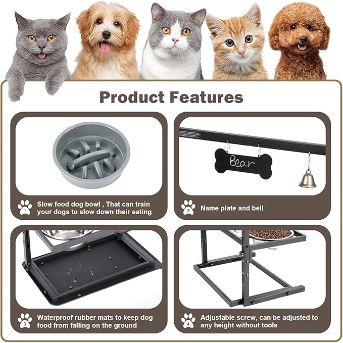 Elevated Slow Feeder Dog Bowls - Raised for Large Dogs, Adjustable Height, 2 Stainless Steel Bowls, Spill Proof Mat, Grey-PawvioPets