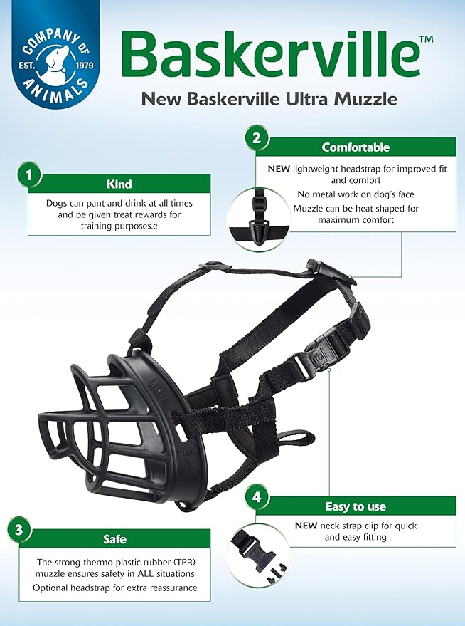 BASKERVILLE ULTRA MUZZLE - Patented Humane Design, Breathable, Dog can Pant and Drink, Adjustable, Padded, Training Muzzle for Medium-sized Dogs, Prevents Biting, Wildlife Scavenging (Size 4, Black)-PawvioPets