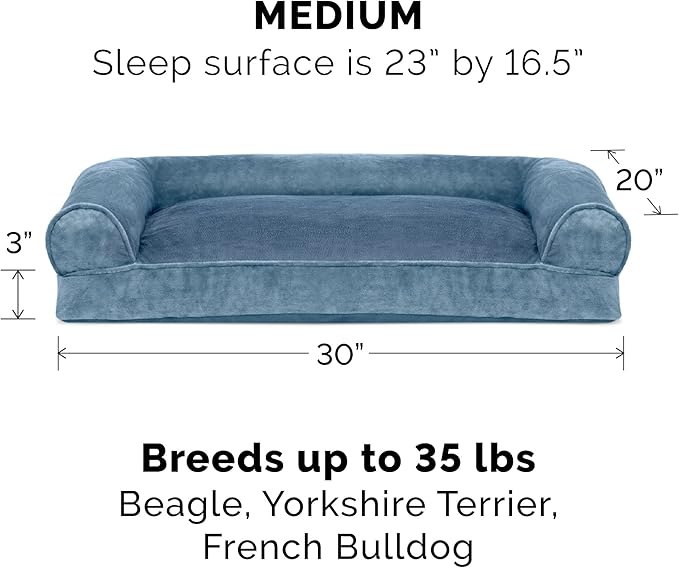 Furhaven Pillow Dog Bed for Medium/Small Dogs w/ Removable Bolsters & Washable Cover - Faux Fur & Velvet Sofa - Harbor Blue, Medium-PawvioPets
