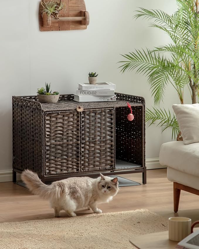 Cat Litter Box Enclosure Furniture with Divider, Handwoven Rattan Litter Box with Mat, 31.2 x 19.6 x 24.2 Inches, Metal Heightened Feet, Hidden Cat House for Living Room, Bedroom (Brown)-PawvioPets