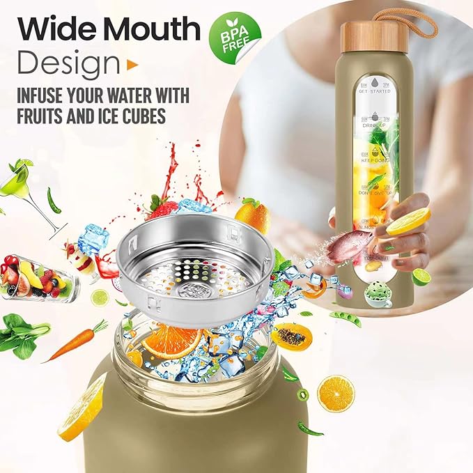 Aqulea Glass Water Bottles with Silicone Sleeve - BPA Free Reusable Wide Mouth Glass Motivational Water Bottles with Fruit Infuser – Leak Proof Borosilicate Water Bottle with Time Marker-PawvioPets