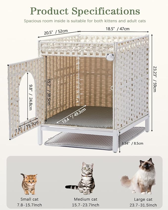 Cat Litter Box Enclosure Hidden Litter Box Furniture with Metal Heightened Feet, Rattan Handwoven Cat House with Litter Mat, Hidden Litter Box Furniture for Bedroom Living Room White-PawvioPets