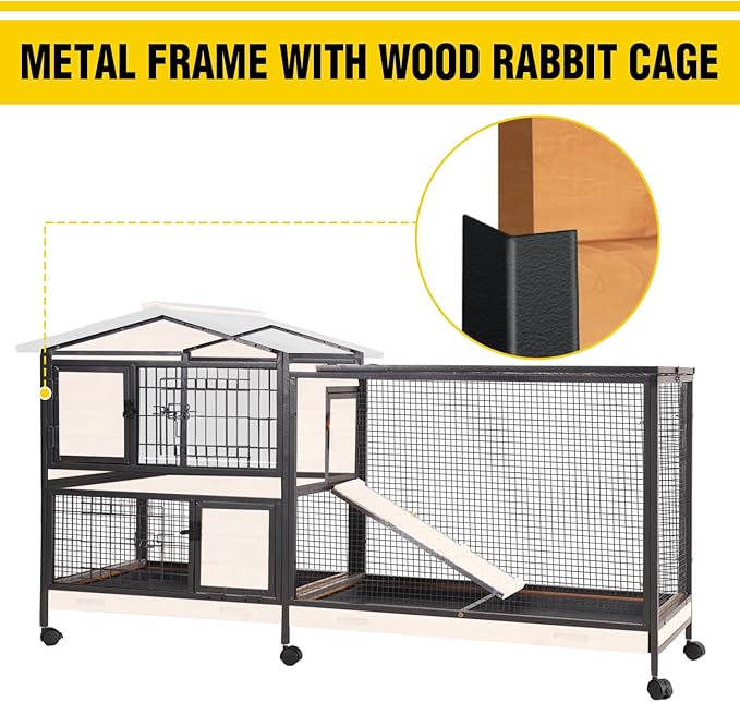 AIVITUVIN Rabbit Hutch Indoor with Metal Frame Rabbit Cage with Pull Out Tray No Leakage Bunny Cage with Wheel Guinea Pig Cage-PawvioPets
