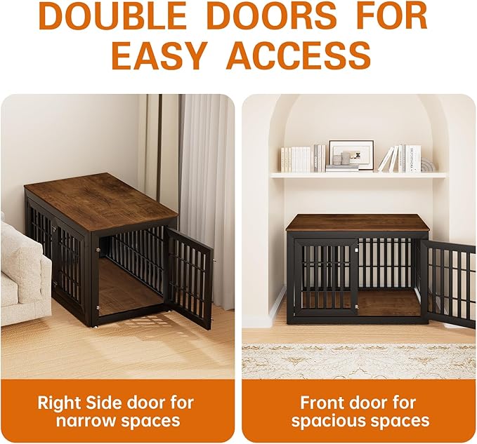48" Heavy Duty Dog Crate Furniture for Small,Medium and Large Dogs,Rustic Wooden Dog Cage Kennel Indoor Furniture with Waterproof Top,Decorative Pet House Side End Table (Black & Wood)-PawvioPets