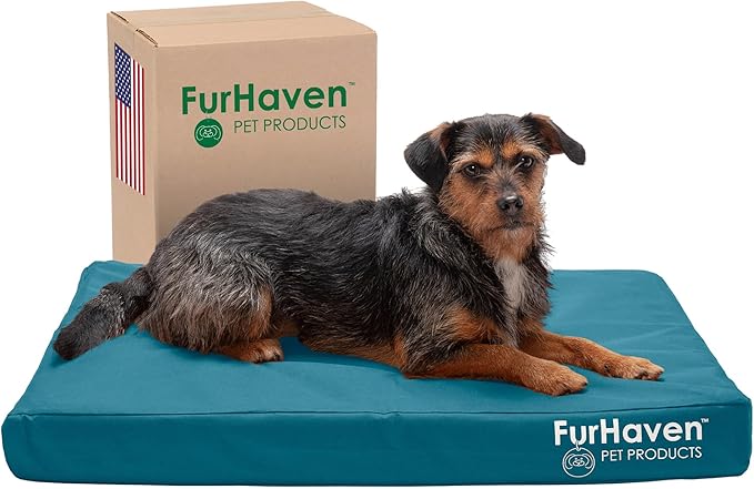 Furhaven Water-Resistant Cooling Gel Dog Bed for Medium/Small Dogs w/ Removable Washable Cover, For Dogs Up to 35 lbs - Indoor/Outdoor Logo Print Oxford Polycanvas Mattress - Deep Lagoon, Medium-PawvioPets