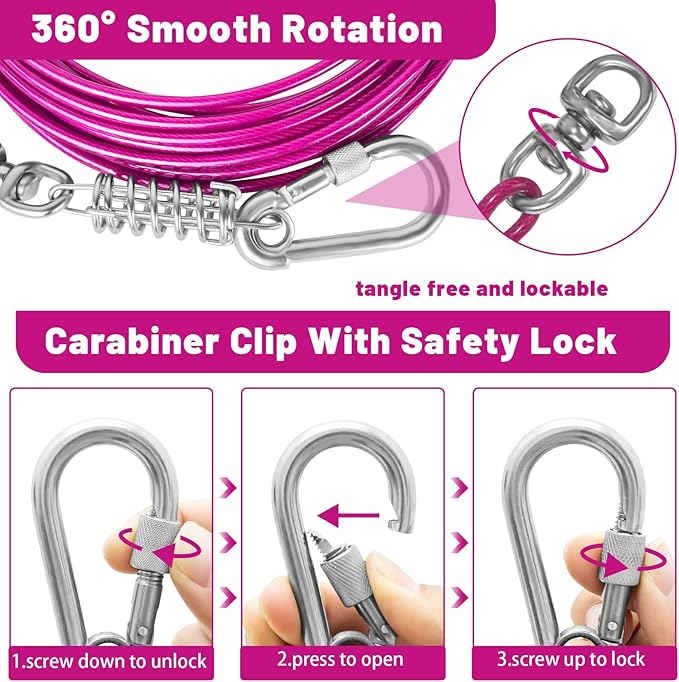 Dog Tie Out Cable 10/15/20/25/30FT Dog Run Cable Rosy Pink/Blue/Purple/Silver/Red/Green/YellowTie Out Cable for Large Dogs Heavy Duty for Outside Hold Large Dogs Up to 250LBS-PawvioPets