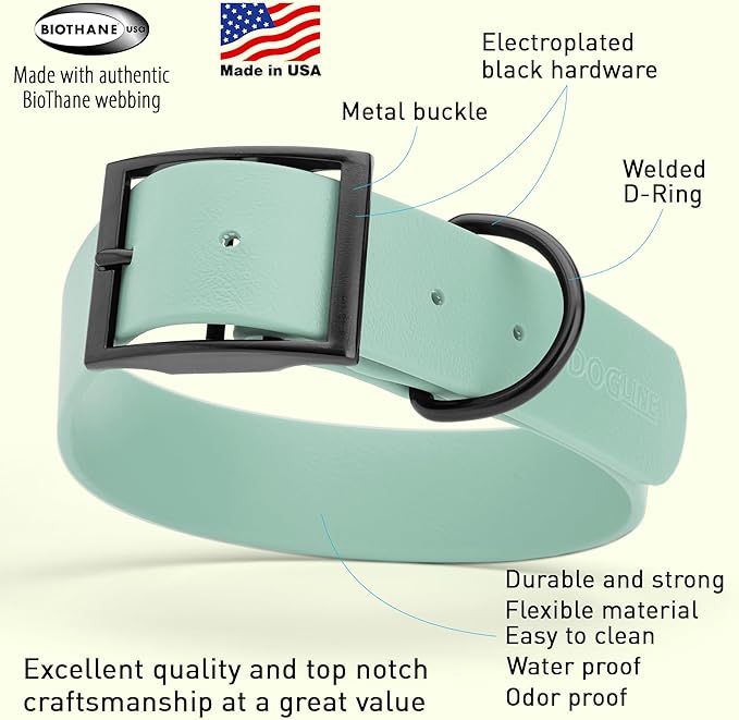 Dogline Biothane Waterproof Dog Collar Strong Coated Nylon Webbing with Black Hardware Odor- Proof for Easy Care Easy to Clean High Performance Fits Small Medium or Large Dogs, Sage Green-PawvioPets