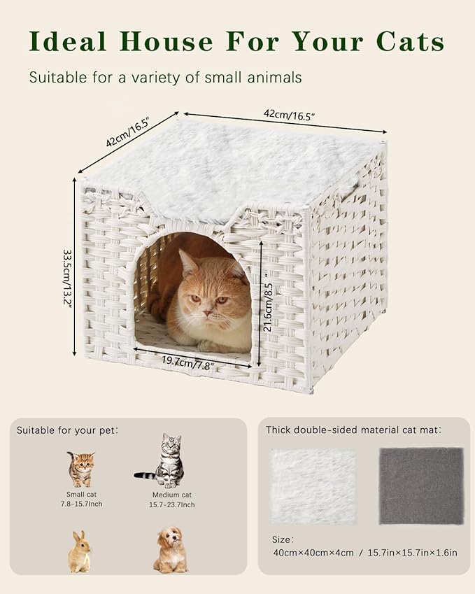 Cat Beds Indoor Kitten House, Handwoven Rattan Cat Cave Pet Cube, Large Cat Houses, One Bed Mat, Foldable, Hideaway, 16.5x16.5x13.2 Inches, 2 S-Shaped Hooks in Living Room Bedroom White-PawvioPets