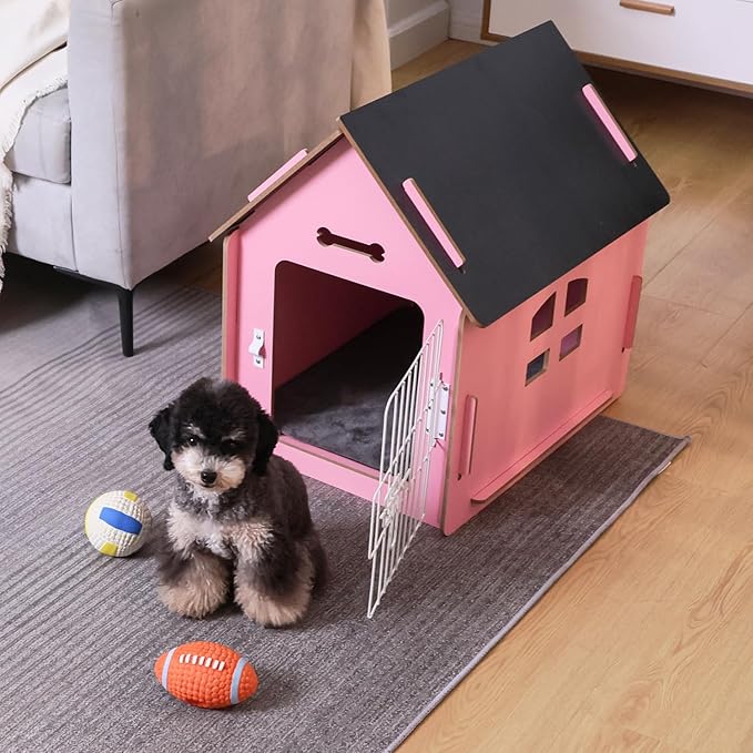 Dog House Indoor for Small Dogs or Cats, Cozy Wooden Design, Small Indoor Bed House, with Air Vents and Elevated Floor Warm Dog Cave (Large Pink)-PawvioPets