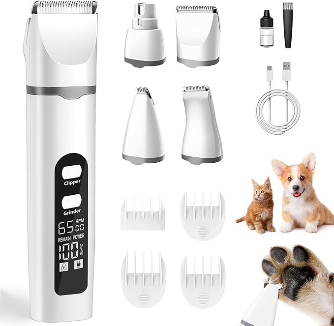 4 in 1 Dog Clippers Grooming Kit with LED Screen, Cordless Quiet Paw Trimmer & Nail Grinder, Rechargeable Waterproof Feet Ear Body Hair Shaver for Cats Dogs Pet Supplies-PawvioPets